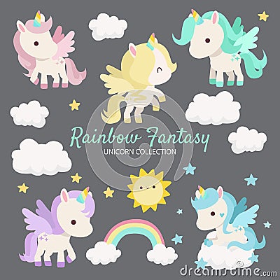 Rainbow Fantasy Unicorn Characters Vector Illustration