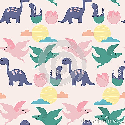 Pretty dinosaurus in a seamless pattern design Vector Illustration