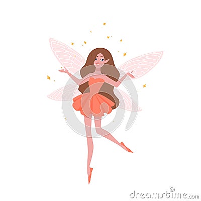 Pretty fairy in beautiful dress and with butterfly wings isolated on white background. Magical creature from fairytales Vector Illustration