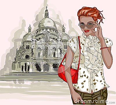 Pretty fashion girl on a Basilique Du Sacre Coeur Cartoon Illustration