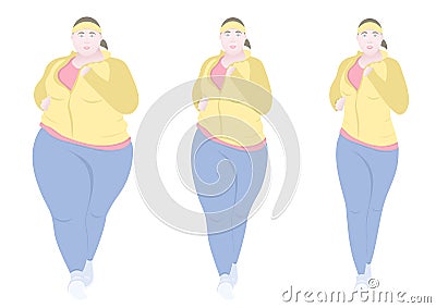 Pretty fat woman fitness stages weight loss, flat drawing, colorful vector illustration. Plump girl in three stages of losing weig Vector Illustration