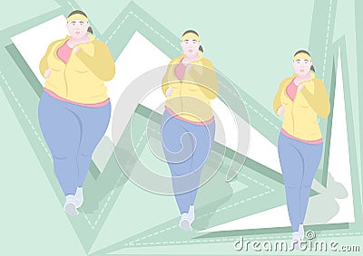 Pretty fat woman fitness stages weight loss, flat drawing, colorful vector illustration. Plump girl in three stages of losing weig Vector Illustration