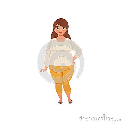 Pretty fat woman posing isolated on white. Cartoon character of caucasian brunette girl with brown hair in beige blouse Vector Illustration