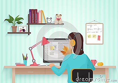 Pretty female designer working with colors at home. Young woman working in office, sitting at desk, using computer Vector Illustration
