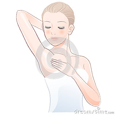 Pretty female gently touching and looking her clean armpit Vector Illustration