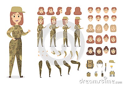 Pretty female military character set for animation Vector Illustration