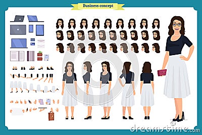 Pretty female office employee character creation set. Full length, Vector Illustration