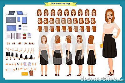 Pretty female office employee character creation set. Full length, Vector Illustration