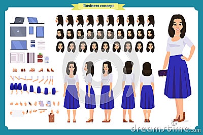 Pretty female office employee character creation set. Full length, Vector Illustration