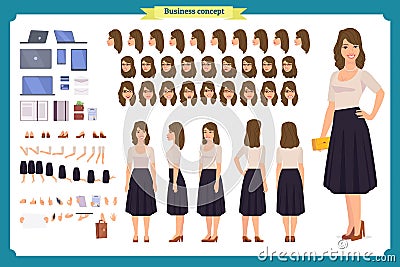 Pretty female office employee character creation set. Full length, Vector Illustration