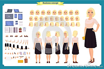 Pretty female office employee character creation set. Full length, different views, emotions gestures. Business casual women Vector Illustration