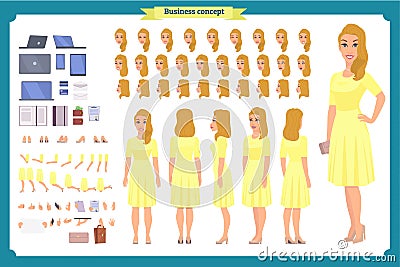 Pretty female office employee character creation set. Full length, Vector Illustration