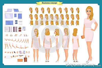 Pretty female office employee character creation set. Full length, Vector Illustration