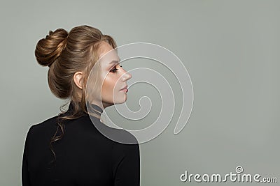 Pretty female profile. Beautiful woman profile and back on gray background Stock Photo