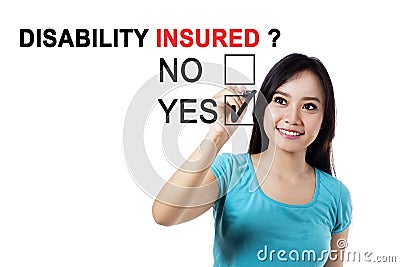 Pretty female with question of disability insured Stock Photo