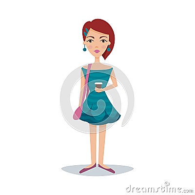 Pretty female student with a fashionable hairstyle in a bondi blue dress and earrings cartoon character vector Vector Illustration