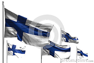 Pretty five flags of Finland are waving isolated on white - any holiday flag 3d illustration Cartoon Illustration