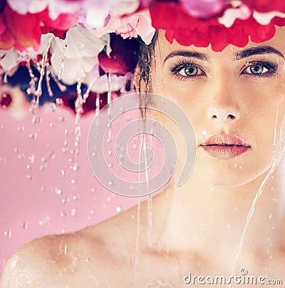 Pretty flower nymph taking a shower Stock Photo