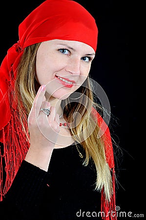 Pretty fortuneteller calls to her Stock Photo