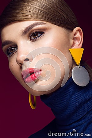 Pretty fresh girl, fashionable image of modern Twiggy with unusual eyelashes and bright accessories. Stock Photo