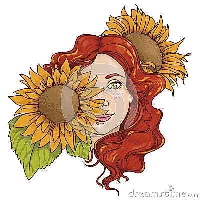 Pretty gilr with and long curly hair and sunflowers Vector Illustration