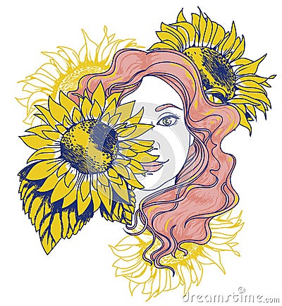 Pretty gilr with long curly hair and sunflowers Vector Illustration