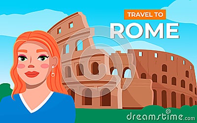 Pretty girl on the background of coliseum. Young woman travel Italy, visit architectural monuments Vector Illustration