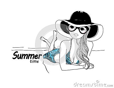 Pretty girl on beach Vector Illustration