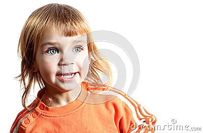 Pretty Girl. Beautiful baby isolated on white background. Beautiful glaza.Emotsii, happiness, joy, love, Stock Photo