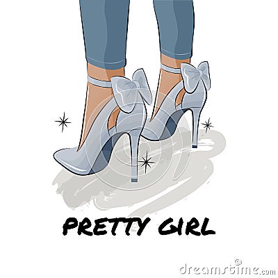 Pretty girl blue shoes illustration design cover print. Trendy woman fashion high heels. Vector Illustration