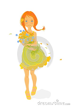 A pretty girl with a bouquet of wild flowers Vector Illustration