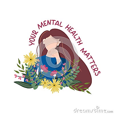 Pretty girl in a calm pose. Mental health concept. Vector Illustration