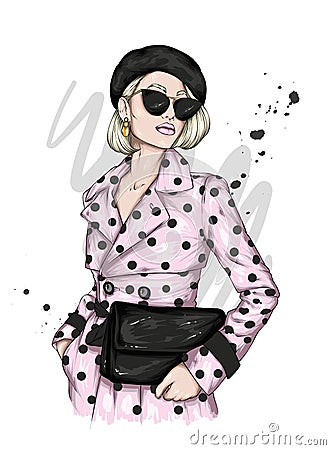 Pretty girl in a clothes and beret. Vector illustration. Fashion and style, clothing and accessories. Vector Illustration