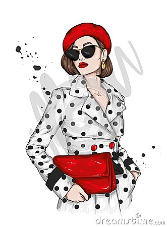 Pretty girl in a clothes and beret. Vector illustration. Fashion and style, clothing and accessories. Vector Illustration