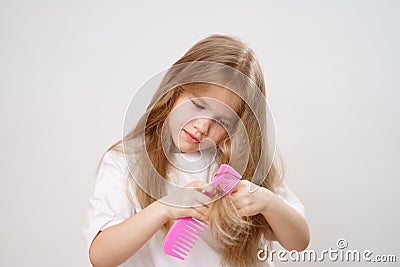 pretty girl combs tangled hair. white background. Stock Photo