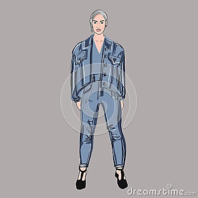 Pretty girl in a Denim suit. Blue jeans and a jacket. Fashionable image, model, self-confidence, pride. Vector isolated Vector Illustration