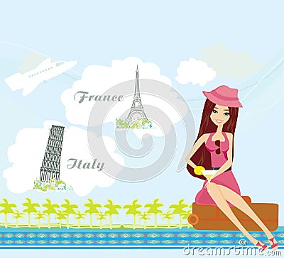 Pretty girl dreaming about vacation in France and in Italy Vector Illustration