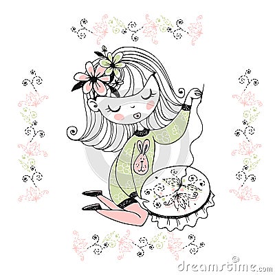 A pretty girl is engaged in needlework and embroiders a beautiful pattern on the embroidery frame. Vector Vector Illustration