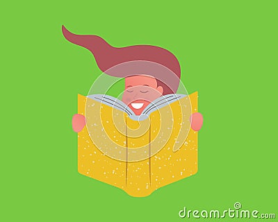Pretty girl with flying long hair smiling and holding a book in her hands. Smart child reads a book, studies. Cartoon Vector Illustration