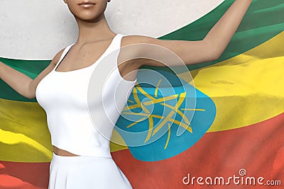 Pretty girl holds Ethiopia flag in hands behind her back on the white background - flag concept 3d illustration Cartoon Illustration