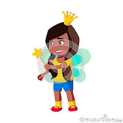 pretty girl infant wearing fairy queen costume holding magic stick on school stage cartoon vector Vector Illustration