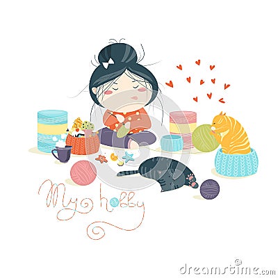 Pretty girl knitting Vector Illustration