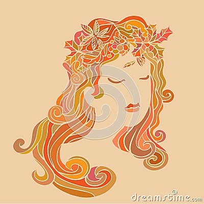 Pretty girl with leaves in her hair Vector Illustration