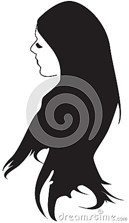 Pretty Girl with Long Black Hair Cartoon Illustration