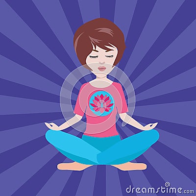 Pretty girl meditates in the yoga lotus position Vector Illustration