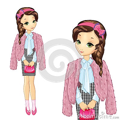 Pretty Girl In Pink Fur Coat Vector Illustration