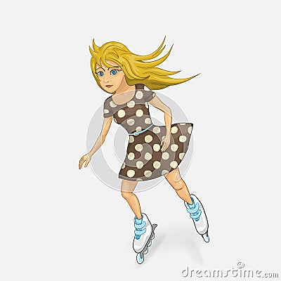 Pretty girl in a polka-dot dress riding on roller skates. Vector Illustration