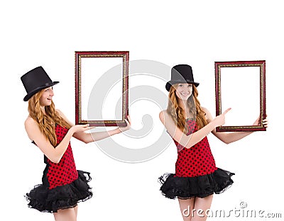 Pretty girl in red polka dot dress with picture frame isolate Stock Photo