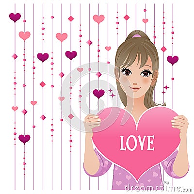 Pretty Girl showing loving heart on beaded curtain background Vector Illustration