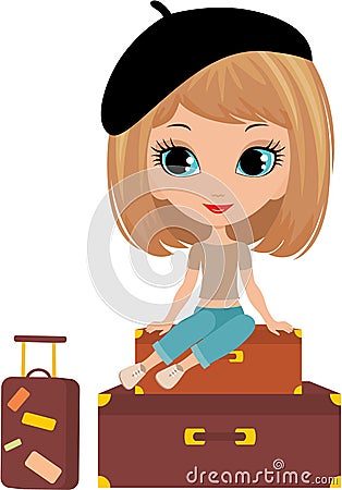 Pretty girl sits on a suitcase Vector Illustration